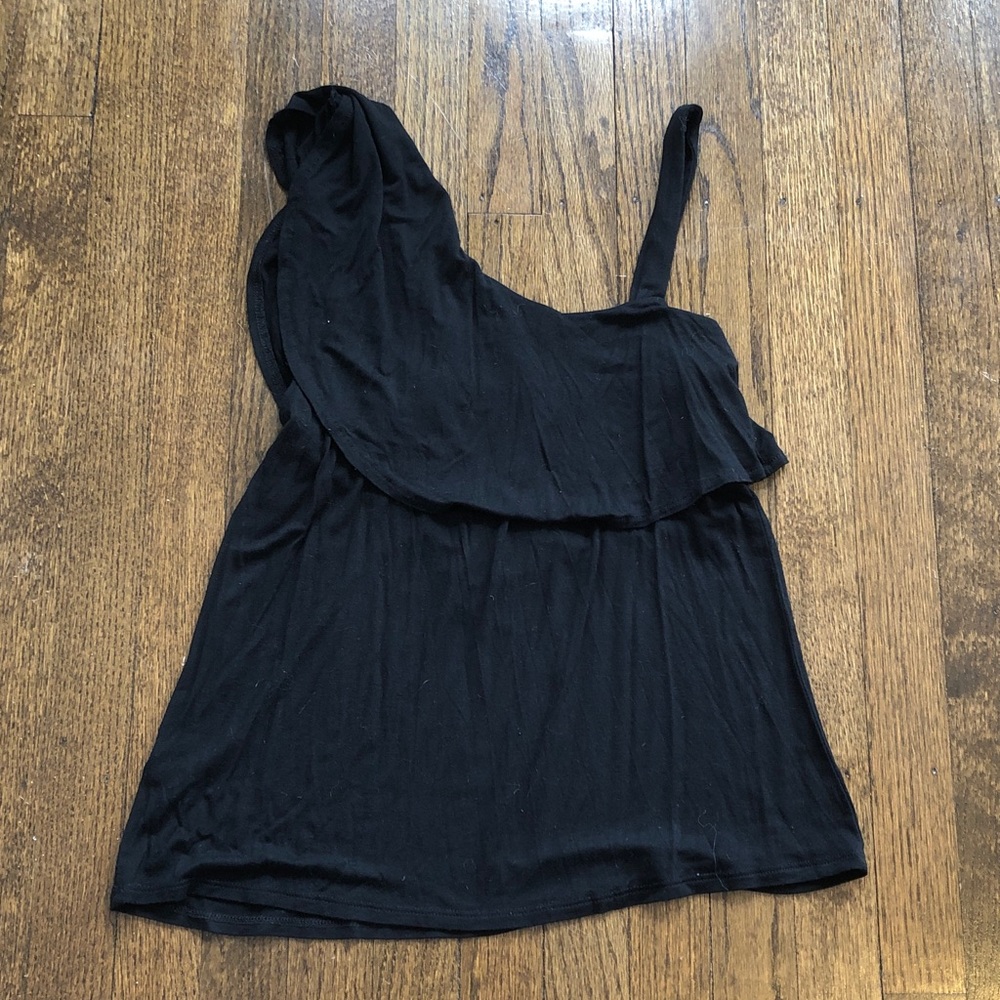 Asymmetrical One-Shoulder Ruffle Stretch Flattering Lightweight Black Blouse - Picture 5 of 5